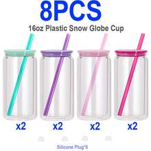 [ 4/8/12/25/50PCS ] 16 Oz Plastic Snowglobe Tumblers Pre Drilled, 16oz Double Wall Acrylic Snow Globe Tumbler Cup Supplies Clear Plastic Can Snowglobe Cups Bulk With Pre-Drilled Hole And Hole Stopper For Snow Globe Glitter DIY Crafts Gifts - Clear(with Colors Lids) - 查看 9