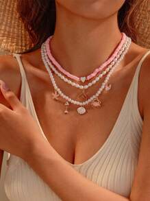 Set de 3 collares con colgantes de cerezas y corazones de perlas falsas para mujeres, adecuados para diario, fiesta, vacaciones