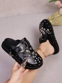Women's Fashion Comfortable Rivet Decor Black Chunky Heel & Platform Shoes,Mule Shoes