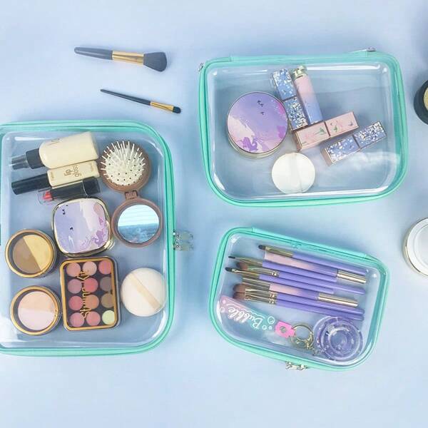 3Pcs Thick Transparent Waterproof Stationery Storage Boxes, Multi-Functional Makeup Pouch, Suitable For Desk Top Brushes, Cosmetics, Toys, Toiletries, Medicines Storage And Portable