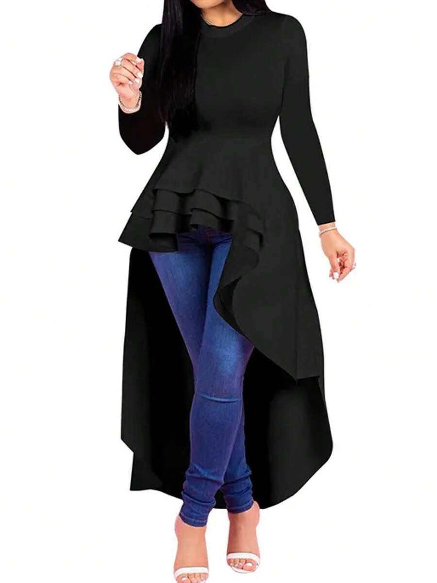Casual Solid Ruffles Hem Asymmetrical Shirt Dress Long Sleeve T Shirt Blouse Long Tunic Dresses Going Out Irregular Skirts Tops Fall Winter Clothes - 黑色 - 查看 1