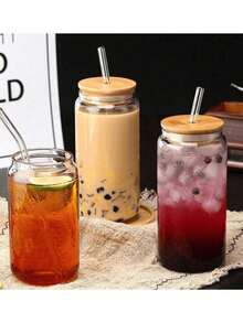 1pc 550ml Or 400ml Clear Straw Bottle, Modern Glass Coffee Cup For Home, Office