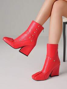 Women's Chunky Heel Ankle Boots Fashion Slip On Patent Leather Rivet Short Boots Square Toe Back Zipper Biker Boots For Women - Red - View 5