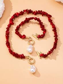 Women's Jewelry Set With Turquoise Fragments And Imitation Baroque Pearls, Includes 2pcs Simple Alloy Fashion Accessories, Necklace And Bracelet Set, Suitable For Everyday Wear - Red and White - View 4