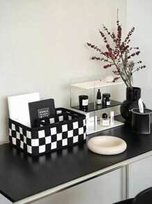 1pc Elegant Black & White Checkerboard Cosmetic Storage Box Dresser Desktop Organizer For Skin Care, Sundries & More - Space-Saving, Folding,Rectangular Design For Clothes & Toy Storage