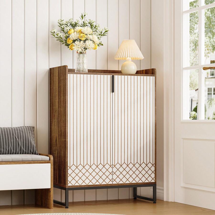 LITTLE TREE Scarpiera con 5 ripiani e ante, mobile contenitore in legno per 25 paia di scarpe, mobile moderno per ingresso e corridoio, adatto per soggiorno e camera da letto - Castano - Visualizzare 1