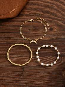 3pcs/Set Elegant Butterfly Pearl Decor Multi-Layer Bracelet Set, Women Party Date Daily Accessory Gift