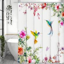 1pc Hummingbird And Flowers Shower Curtain Featuring Colorful Hummingbirds And Hibiscus Flowers In A Nature-Inspired Watercolor Design Bathroom Decor Polyester Fabric With 12 Hooks