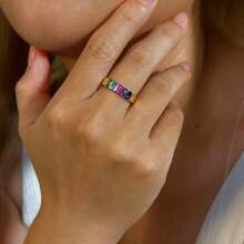 1pc Elegant Birthday Gemstone Ring, Family Birthstone Ring, Customized Rectangular Gemstone Ring, 14K Gold Mother's Day Stackable Ring, Personalized Gift For Her