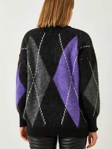 女士宽松时尚蓬松钻石图案毛衣，刺绣长袖上衣 - 黑色 - 查看 2