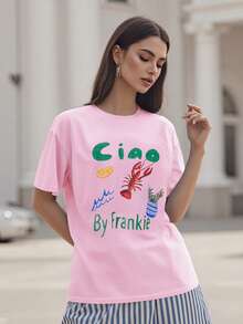 Women Summer Basic T-Shirt Casual Letter Fruit Lobster Print Short Sleeve Tops For Streetwear Aesthetic Grunge Clothes - 粉色 - 查看 4