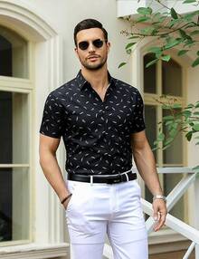 Men's Muscle Dress Shirts Slim Fit Stretch Short Sleeve Casual Button Down Shirts For Menhalloween - Hoa - Đen - Xem 8
