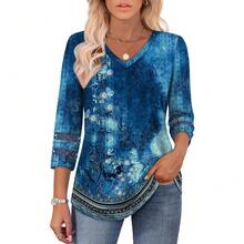 XIEERDUO 3/4 Length Sleeve Womens Tops Dressy Casual Blouses For Women 2025  V Neck T Shirts Summer Clothes - Z 海軍藍印花 - 查看 2