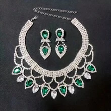 Conjunto de pendientes y collar de diamantes de imitación hechos a mano exagerados y exquisitos para mujer a, accesorios de joyería para vestido de baile de novia OJAZ - Amarillo Rojo - Ver 11