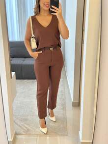 Women's Set Of Blouse And Pants - 巧克力棕 - 查看 2