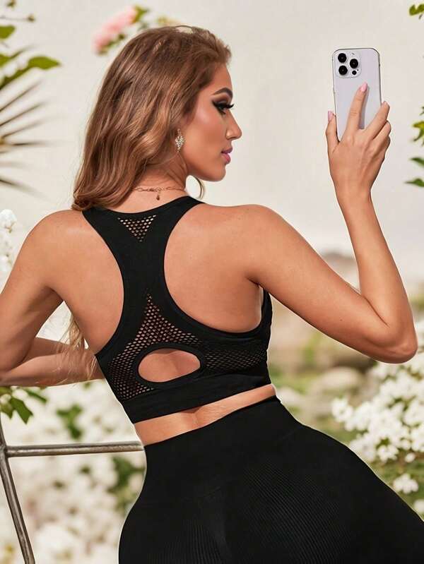 1pc Black Front Zipper Hollow-Out Mesh Breathable Comfortable Seamless Sports Bra For Women