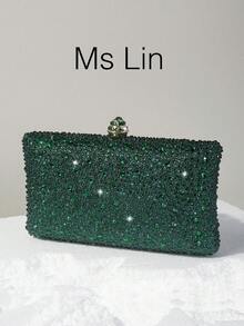 1 chiếc ví cầm tay màu xanh lá cây bóng bẩy, đính pha lê hai mặt, kèm dây đeo chéo bằng kim loại, thời trang và thanh lịch, phù hợp cho các dịp trang trọng, lý tưởng cho cô dâu. Phối hợp hoàn hảo với váy cưới, váy dạ hội, váy dự tiệc, váy sinh nhật, váy dự tiệc và váy tốt nghiệp. - Màu xanh lá cây đậm - Xem 7