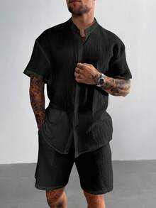 Áo sơ mi nam GloMan phong cách Old Money màu trắng, 100% cotton, kiểu dáng tối giản, cổ đứng, tay ngắn, cài nút, thoáng khí, thích hợp mặc công sở mùa hè. Quà tặng Ngày của Cha. Quà tặng cho Mẹ. - màu đen - Xem 2