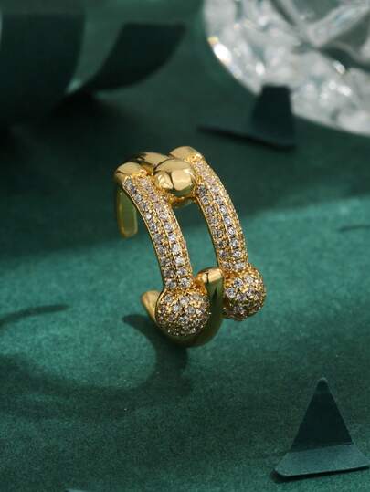 1pc High Quality European & American Cubic Zirconia Copper 18K Gold Plated Round Double Layer Niche Fashion Ring, Gift For Women, Everyday Wear