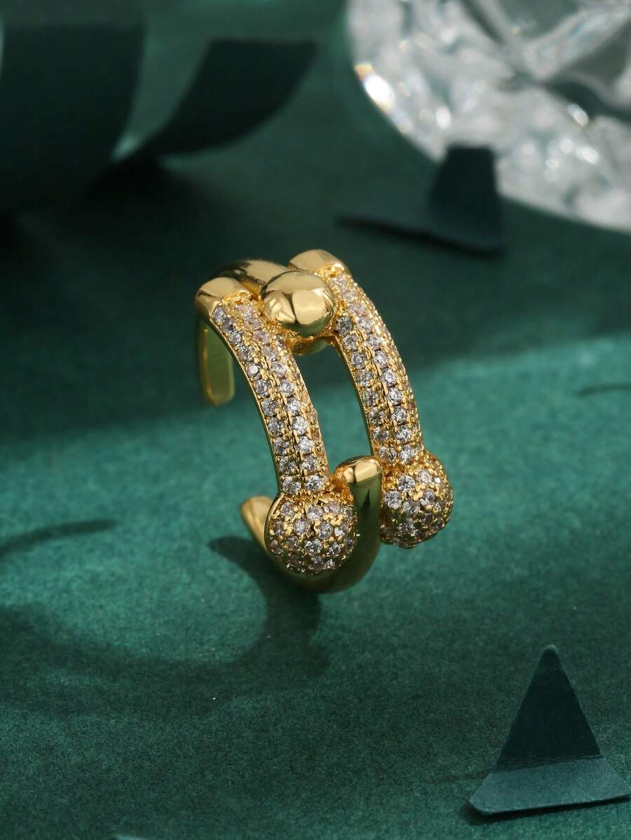 1枚高品质欧美立方氧化锆铜镀18K金圆形双层时尚戒指，女士礼物，日常佩戴 - 金黃色 - 查看 1