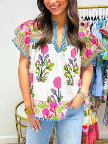 Women Y2K Floral Patchwork Fly Sleeve T Shirts V Neck Loose Fit Striped Trim Vest Shirts Summer Casual Going Out Tank Tops Party Streetwear - 粉色 - 查看 4