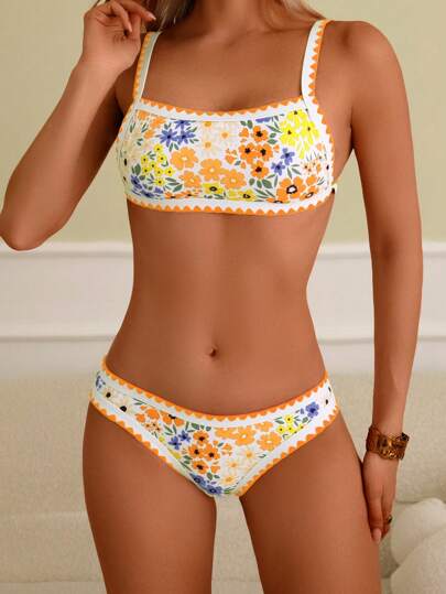 Women Floral Print Top And Bottom Casual Swimsuit Set