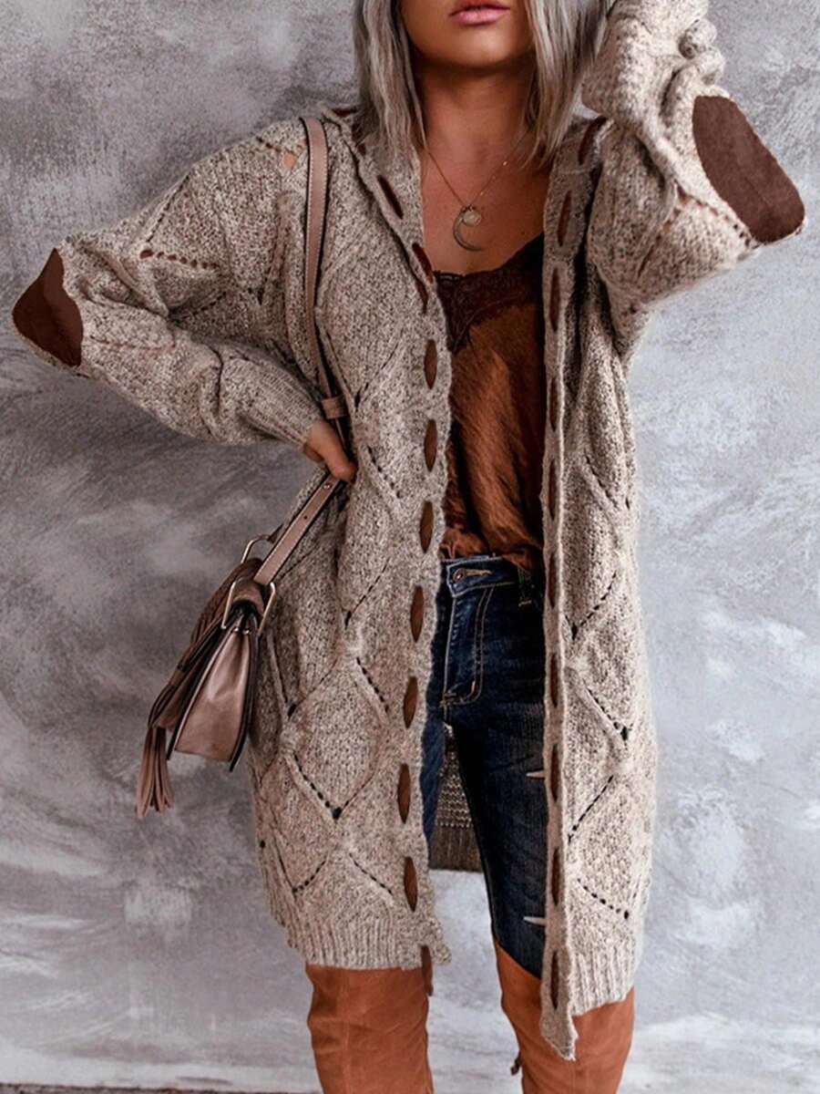 Plus Size Casual Hooded Cardigan With Elbow Patches Knitted Long Sleeve Knee Length Hollow Out Design - Màu Khaki - Xem 1