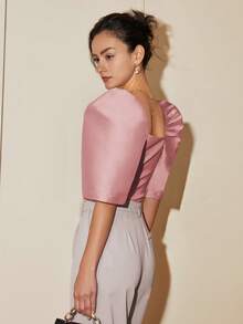 Women's Spring/Autumn Solid Color Petal Sleeve Stand Collar Square Neck Elegant Blouse Short Top - Berwarna merah muda - View 2