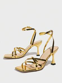 Women's Fashionable Slim High Heels, Suitable For Parties, Outdoor Activities, Elegant Banquet, Made Of Shiny Metallic Material With Ankle Strap, Pointed Toe Design, Ideal For Spring And Summer - Gold - View 7