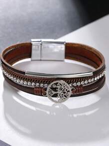 Bracelet de manchette style bohème en PU avec arbre de vie en cristal, convient pour les tenues de femme