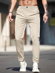 Men's Solid Color Pockets Casual Slim Fit Tapered Pants, Commuting & Leisure Wear - Apricot - View 2