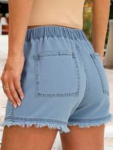 Women's Denim Shorts Summer High-Waisted Shorts Waist Drawstring Models Casual Non-Stretch Cotton Shorts - Light Wash - View 3