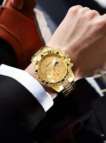 High-End Business Oversized Dial Triple Eye Steel Bracelet Watch, Blue Tinted Glass, Round Dial, Ideal Gift For Men