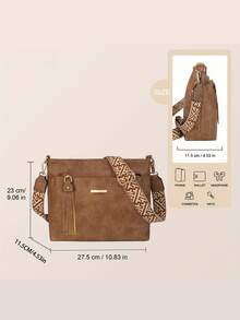 复古休闲斜挎包，大容量，女士休闲斜挎包，可拆卸可调节肩带，拉链封口，适合日常通勤、购物和旅行 - 咖啡棕色、黑色、深棕色，几何图案点缀，纹理表面 - 彩色 - 查看 6