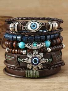 12/32/48Pcs Vintage Style Multilayer Pu Leather & Wooden Beaded Bracelet With Butterfly/Flower/Eye Charms - Handmade Friendship Bracelet For Men Women - Adjustable (Random Mixed) - Multicolor - View 8