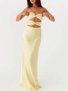 Women Cutout Tube Long Dress Strapless Bodycon Maxi Dress Bandeau Backless Dresses Summer Holiday Beachwear - 黃色 - 查看 4