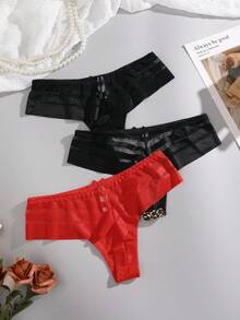 FINETOO 3pcs Striped Mesh Sexy Panties, Soft And Comfortable Women's Underwear - Multicolor - View 3