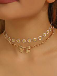 2 Stücke/Set Sommer Gänseblümchen Metall Schleifen Choker Halskette, Blumen Tropfen Öl Schmetterling Design Schmuck, geeignet für den täglichen Gebrauch