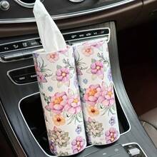Kompakter rosa-weißer Blumen Auto Taschentuchhalter - passt in den Getränkehalter, inklusive Taschentücher, perfekt für Reisen & Verwendung Zuhause. Kompakter Blumenfahrzeug-Taschentuchhalter - Blumendesign in rosa und weiß, Papierrolle für Autositz, Reise-Taschentuchbehälter für Getränkehalter
