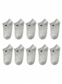 10 pares/12 pares de calcetines tipo tobillero con estampado de corazón para niños, en negro/blanco/gris, cómodos y versátiles, aptos para niñas, para primavera/otoño