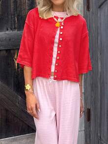 Women Short Sleeve Cardigan Button Down Open Front Knit Crew Neck Sweater Tops Oversized Lightweight Cardigans - Red - View 2