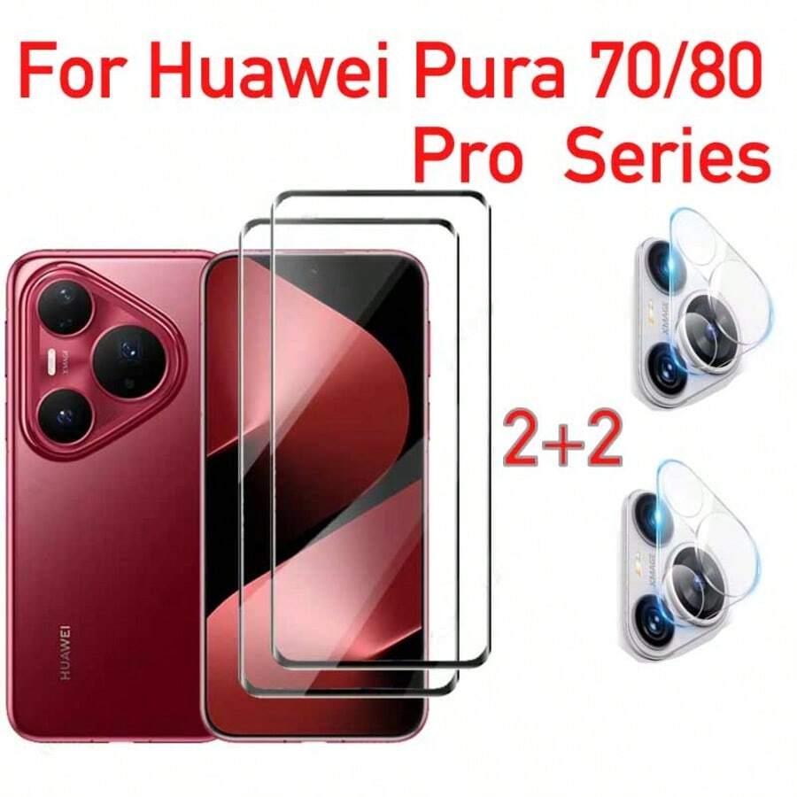 2+2 piezas Protector de pantalla de vidrio templado + Protector de lente de cámara, dureza 9H, anti-arañazos, a prueba de huellas dactilares, compatible con Huawei Pura 70/80, Pura 70 Pro/80 Pro, Pura 70 Ultra/80 Ultra, Y73 - transparente - Ver 1