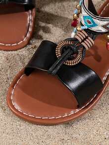 1 双时尚儿童波西米亚风格凉鞋，舒适钩环耐用沙滩凉鞋，珠子颜色随机