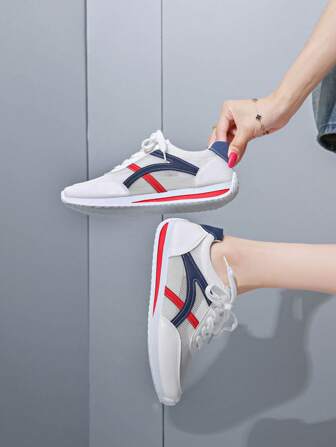 Preppy College Style Spring/Summer Lace-Up Casual Sneakers For Women, Large Size 35-41, Mesh Breathable Casual Flats, Fashion Versatile Dance/Running Shoes