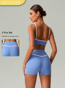GOSOUER 春夏两件套女士瑜伽跑步运动文胸和短裤 - 藍色 - 查看 1