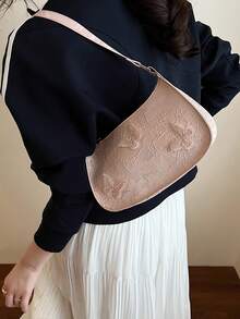 Women's Lace Crescent Moon Shoulder Bag With Butterfly Design, Armpit Bag - Baby Pink - View 8