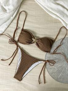 时尚性感海星装饰比基尼套装，纯黄色纹理面料，女士夏季沙滩度假泳装 - 棕色 - 查看 1