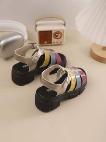 Girls' Outdoor Sandals, Summer New Round Toe Contrast Color Thick Sole Design, Anti-Slip, Fashionable & Elegant, Children Beach Roman Sandals - Black - View 5
