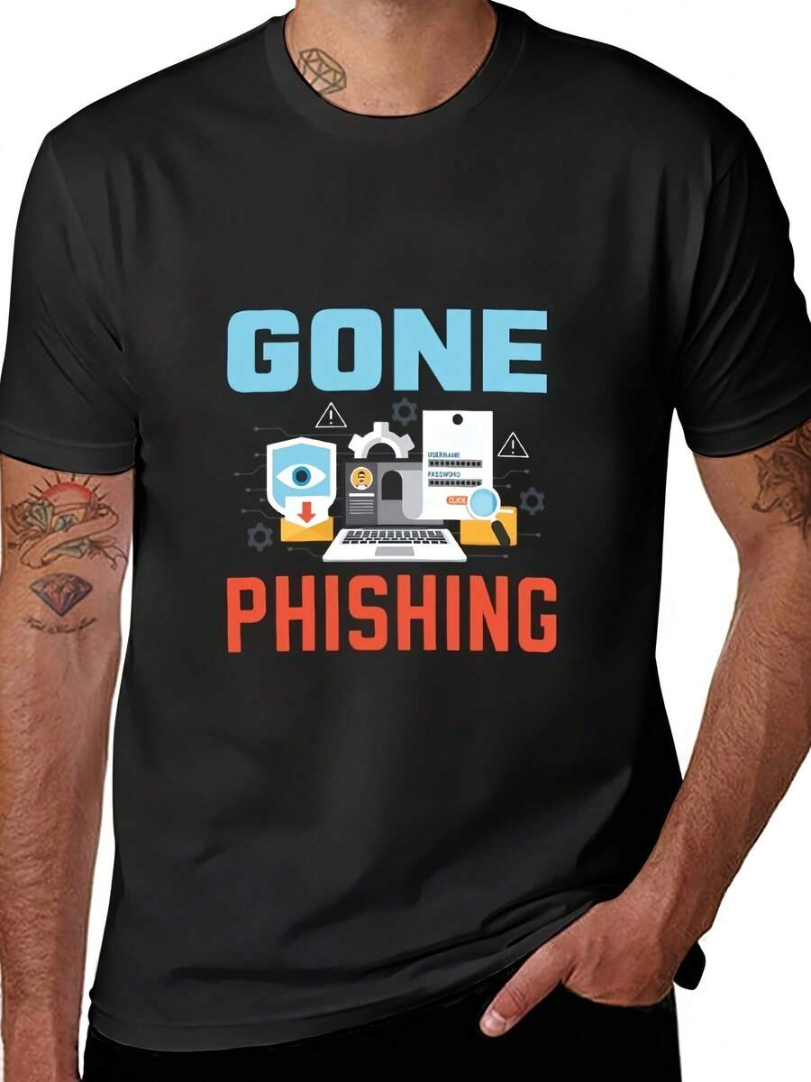 Men's Funny "Gone Phishing" Pattern T-Shirt-Short Sleeve, Black, Cotton, Crew Neck, Casual Cyber Security Awareness T-Shirt, Tech Theme Clothing | Network Safety Shirt | Organic Cotton - màu đen - Xem 1
