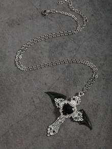 深色复古哥特 Y2K 天使之翼水钻十字架项链，男女通用 - 銀色 - 查看 5